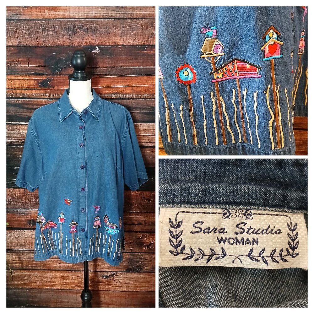Sara Studio Top 2X Vintage Denim Embroidered Birdhouse Bird Button Up Shirt